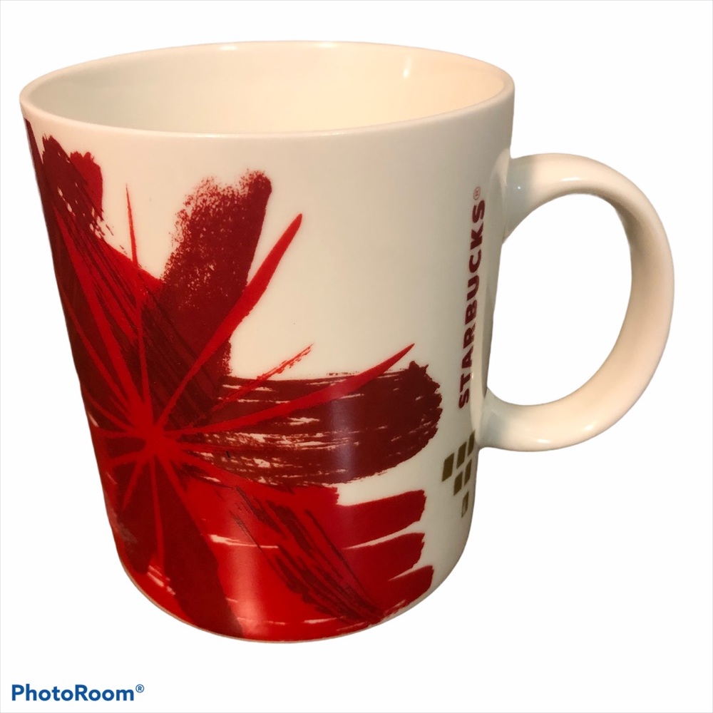2014 Starbucks Christmas Cup Mug 12 OZ Starburst Ceramic Red White Flower